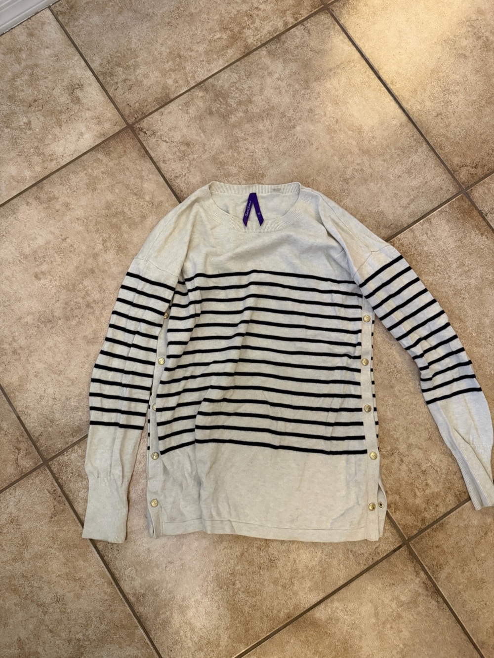 Seraphine Cream and Navy Striped Side-Button Sweater